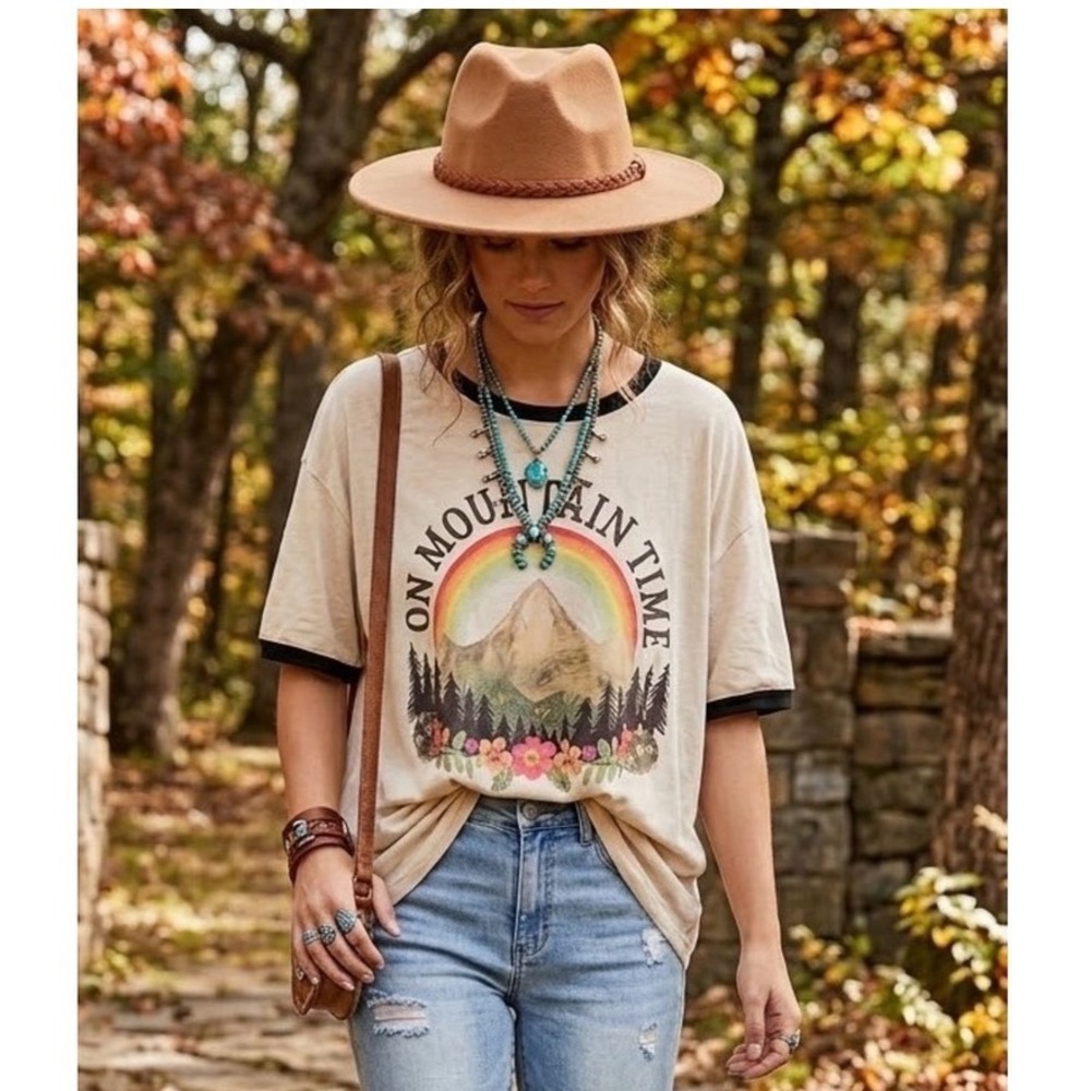 Natural Life On Mountain Time Oversized Graphic Ringer T-Shirt M Boho Retro